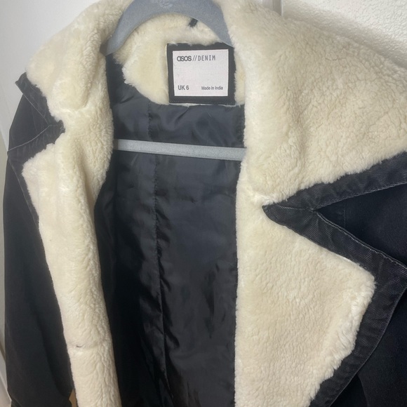 ASOS DESIGN denim aviator jacket with contrast fleece collar WASHED BLACK color - Picture 7 of 9